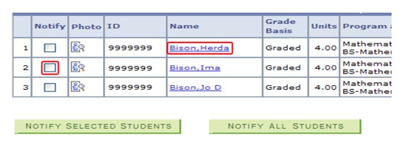 View of Class Roster table with Student Name link and Notify checkbox highlighted.