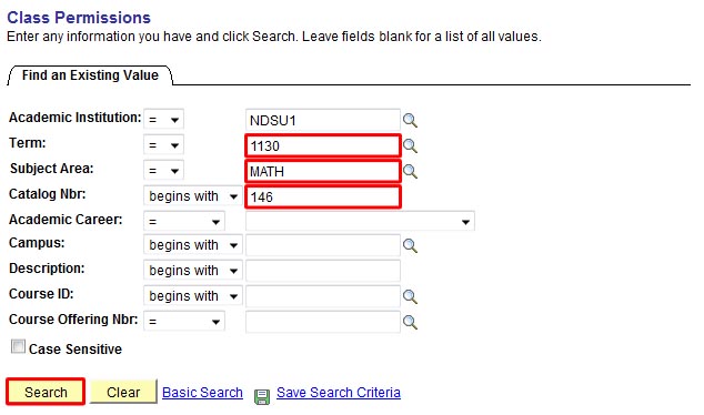 View of Class Permissions screen with Term, Subject Area, Catalog Number entry fields, and Search button highlighted.