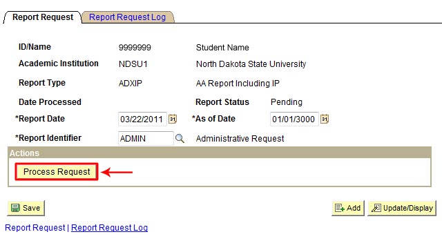 View of Report Request screen with Process Request button highlighted