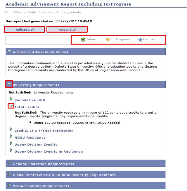 View of Academic Advisement Report screen with navigation buttons and icon legend highlighted