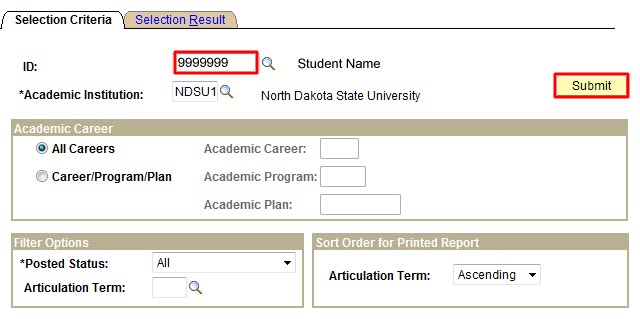 View of Selection Criteria screen with Student ID field and Submit button highlighted.