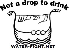 water fight emblem of viking ship with clothes line and slogan: not a drop to drink