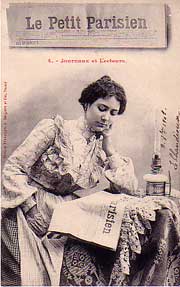 Woman reading Paris newspaper about 1910.