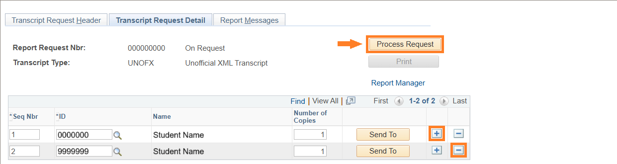Transcript Request Detail screen with Process Request button and Add and Remove buttons highlighted.