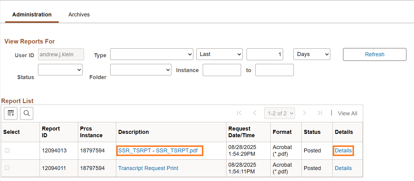 Report Manager screen with generated PDF file and Details link highlighted.