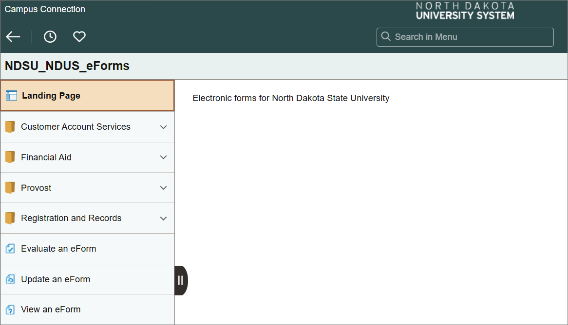 NDSU eForms landing page with departments listed in expandable menu on left