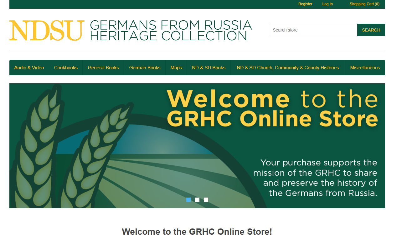 A screenshot of the homepage of the Germans from Russia Heritage Collection Storefront site.