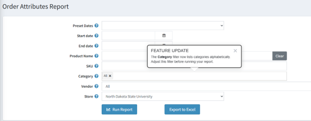 A screenshot of the Nelnet Order Attributes Report screen. 
