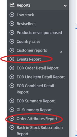 A screenshot of the report menu in the Nelnet software. Two common reports are circled to show their location. The Events Report is the 6th option and the Order Attributes Report is the 12th option.