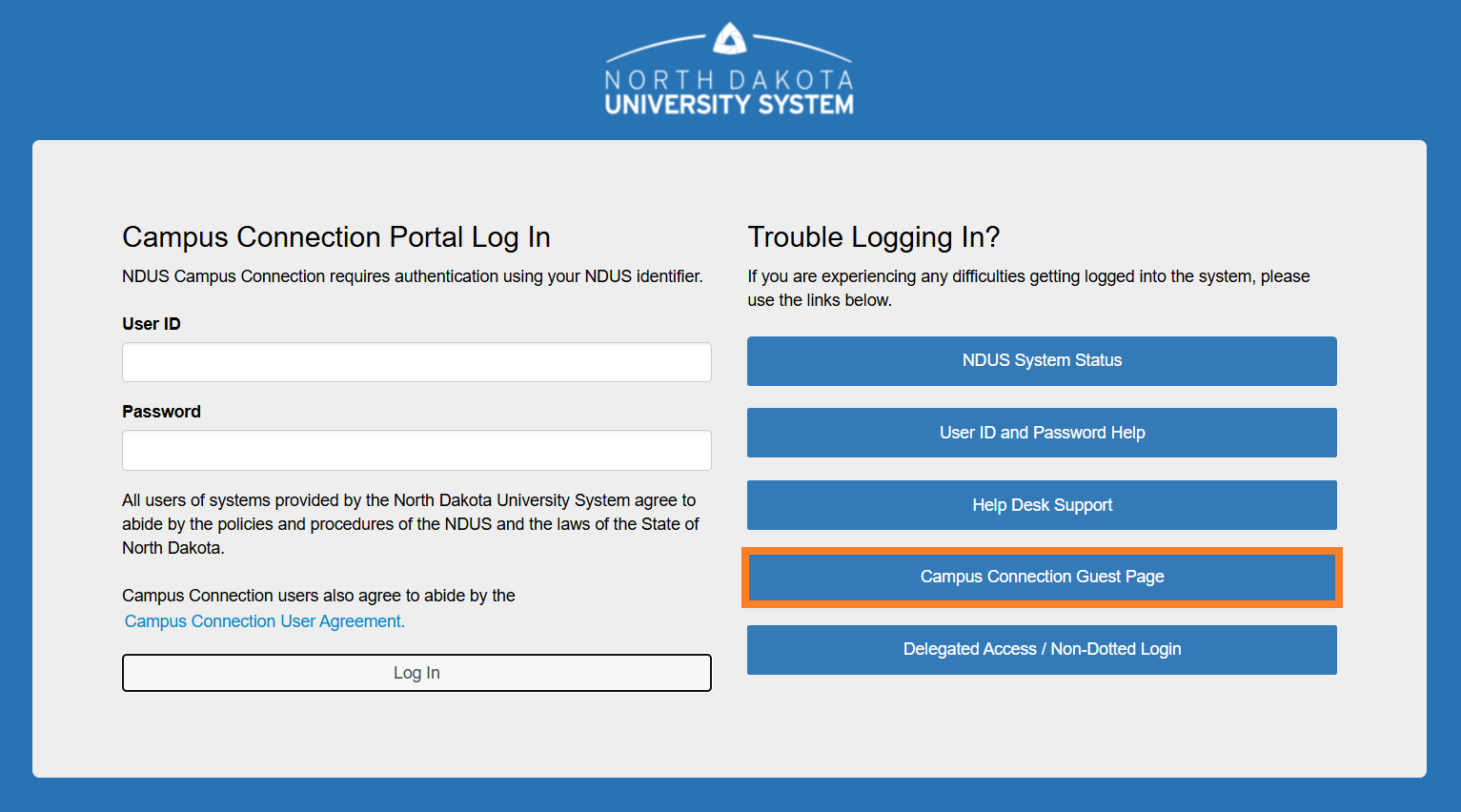 Campus Connection login screen with Campus Connection Guest Page button highlighted.