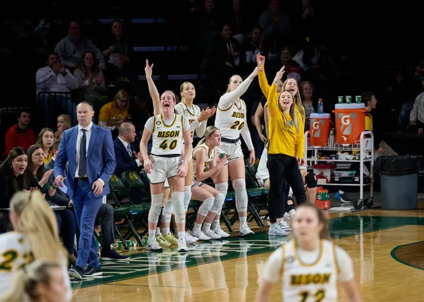 NDSU women's basketball team bench celebrating a made shot.