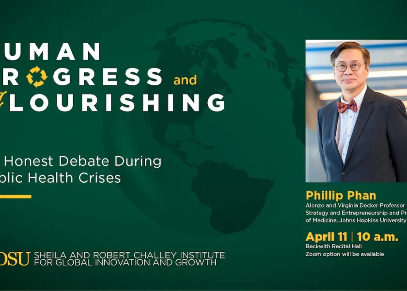 A graphic for Human Progress and Flourishing workshop featuring a headshot of professor Phillip Phan