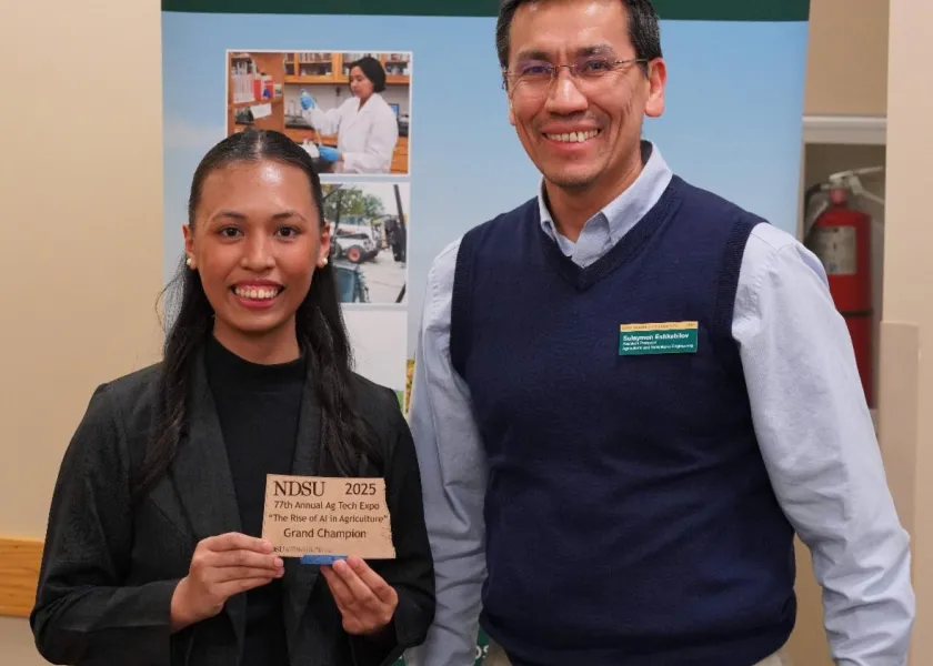NDSU sophomore Joanna Daniella Fajardo and her award at the 77th annual Agricultural Technology Exposition