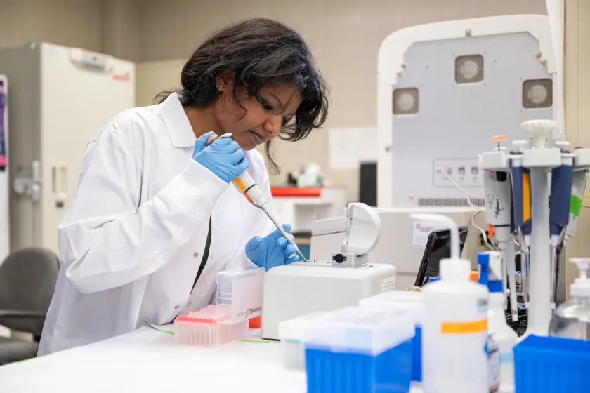 student working with samples in a lab