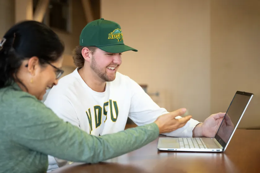 Business professor looking at a laptop with a student 