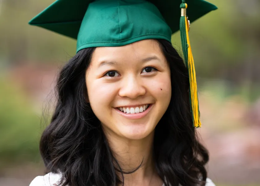 commencement speaker Halli Heimbuch in her cap