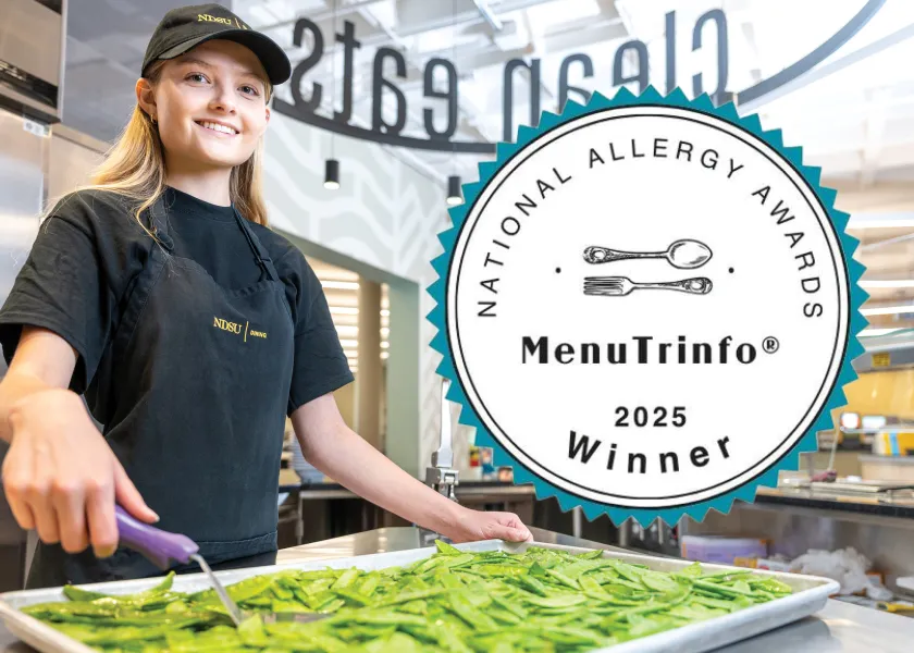 Student scooping snowpeas with the National Allergy Award Winner Seal on top of the image