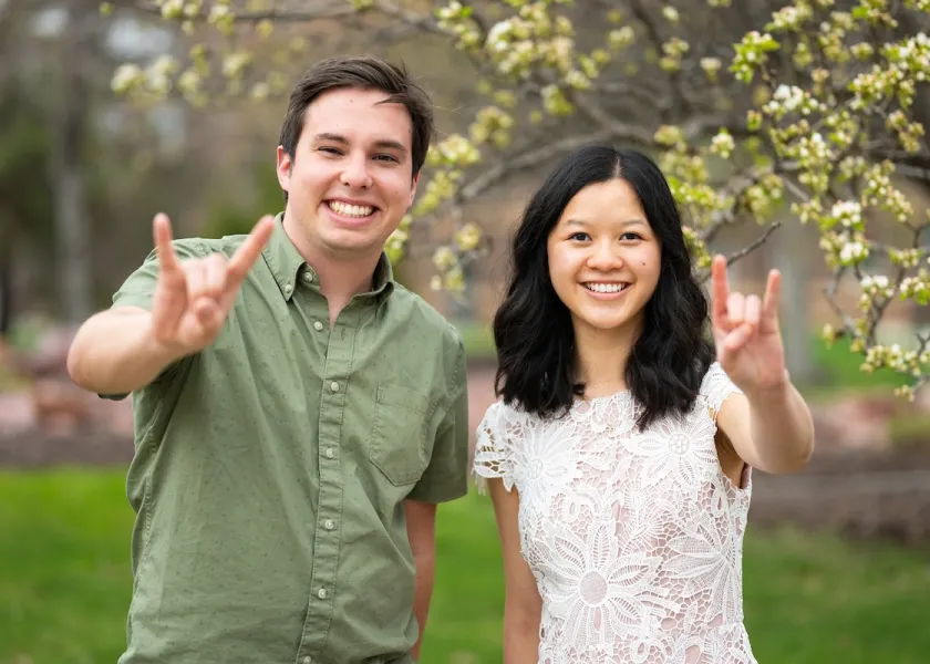 two ndsu students showing their bison pride