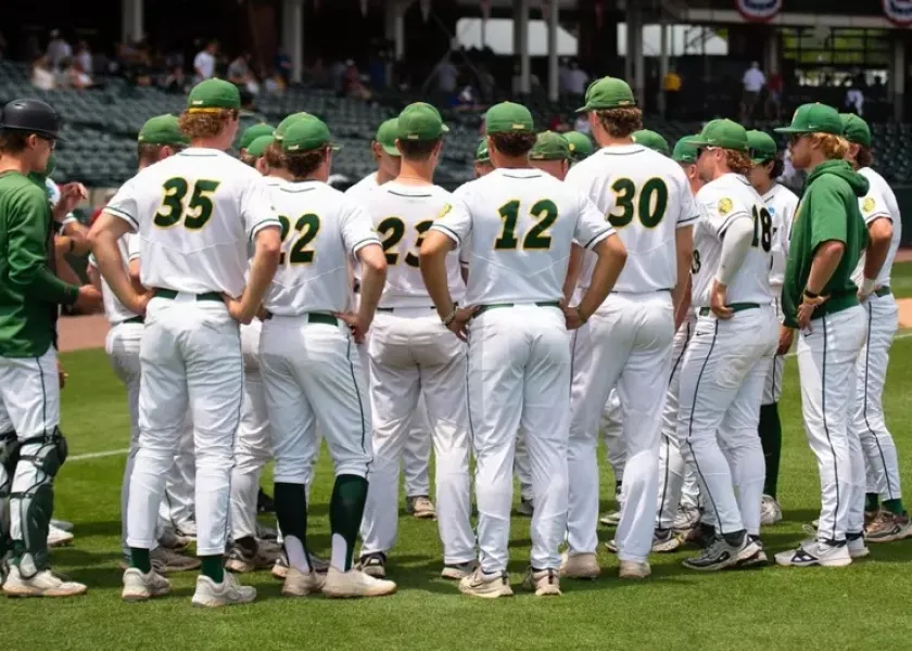 NDSU baseball team conducting pregame meeting.