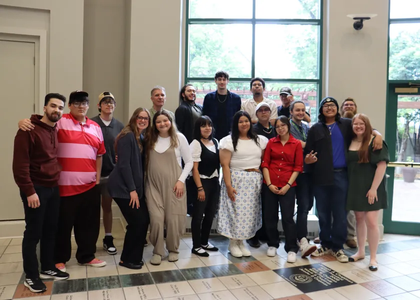 The 13 students from three tribal colleges pose for a photo at NDSU