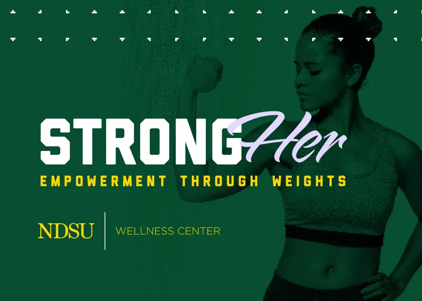 Woman flexing her bicep with title of program called StrongHer over photo