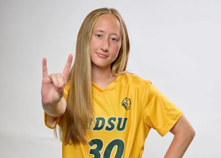 Hannah Arnold, a midfielder on NDSU’s soccer team, poses for a photo in her NDSU soccer jersey.