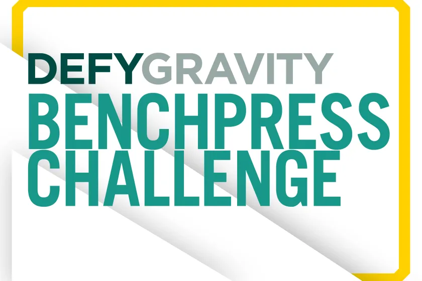 Graphic showing man in grey workout clothes lifting large barbell with works Defy Gravity-Deadlift Challenge