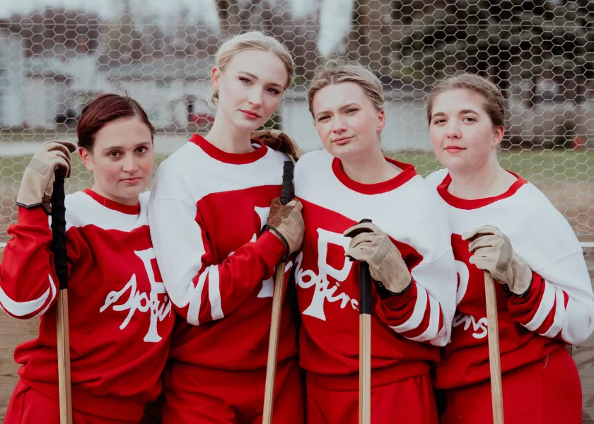 NDSU theatre students Jillian Schotters, Gabrielle Mowery, Paige Holbrook, and Ava Borgerding pose for a photo in their costumes for Theatre NDSU's play, "Glory."