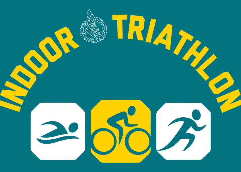 Indoor Triathlon graphic with bike, swim and runner icons