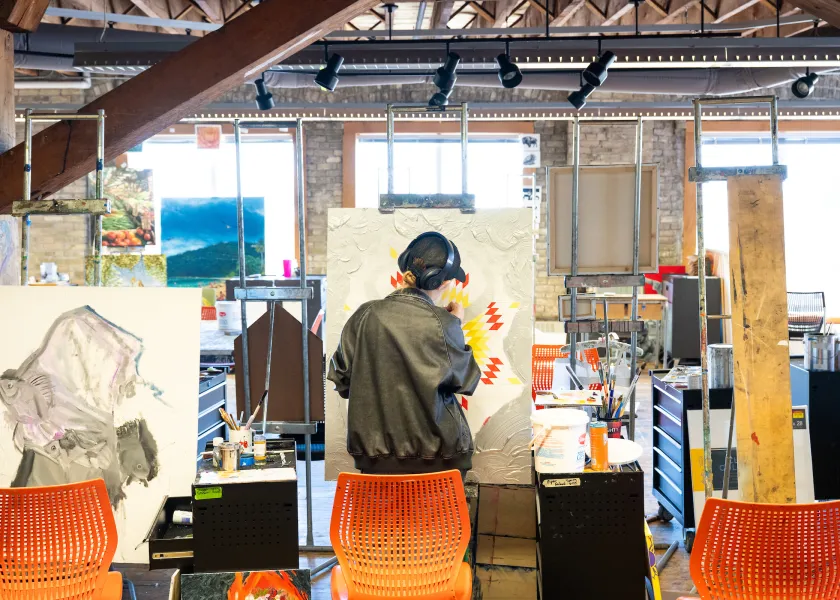 An NDSU student creates a work of art in studio.