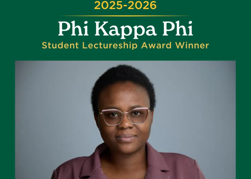 A graphic of Ruhaimatu Abudu, a transportation and supply chain doctoral student and 2025–2026 Phi Kappa Phi Student Lectureship Award recipient.