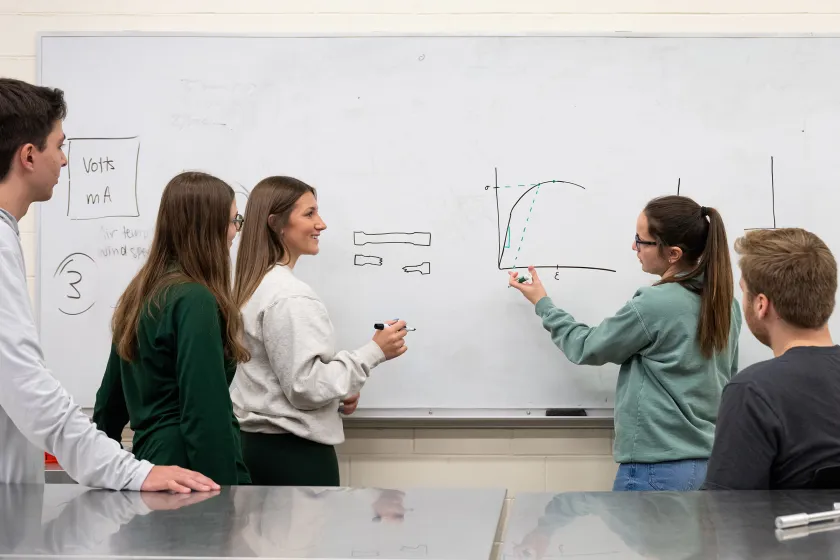 group of engineering students working at a white board together