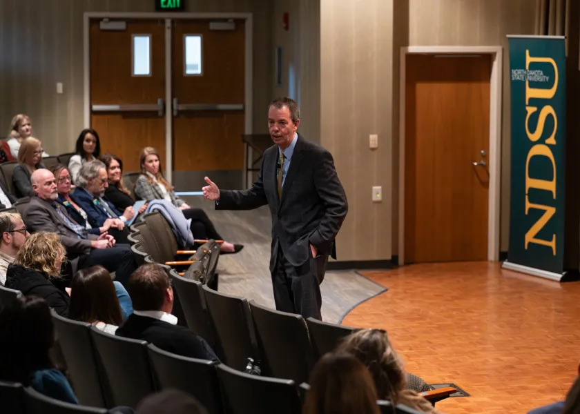 NDSU presidential candidate Marshall Stewart, talks to an audience at NDSU.