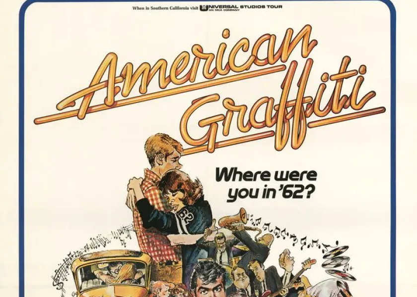 Illustrated vintage poster for American Graffiti with retro script title and the tagline “Where were you in ’62?” A colorful collage shows early ’60s Americana.