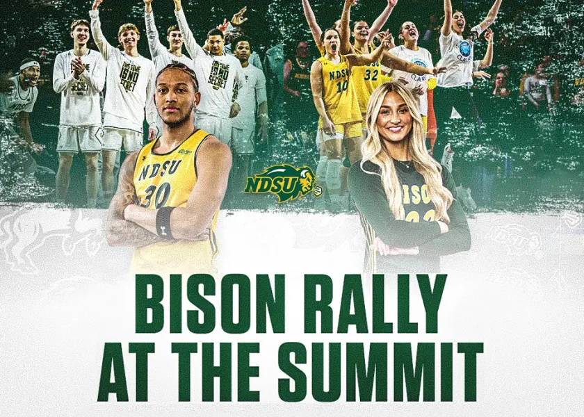 Bison Rally at the Summit, graphic for men's and women's basketball teams heading to the Summit League Tournament
