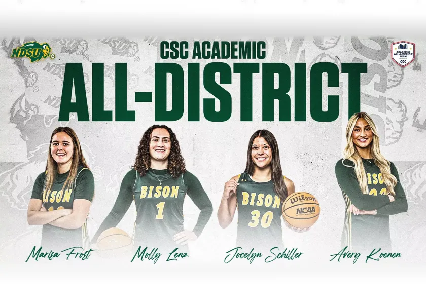 NDSU basketball players Marisa Frost, Molly Lenz, Jocelyn Schiller and Avery Koenen pose for a photo.