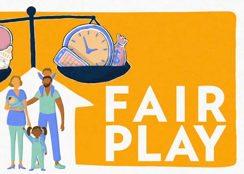 Cartoon family with cartoon scales. Title of the documentary, Fair Play.