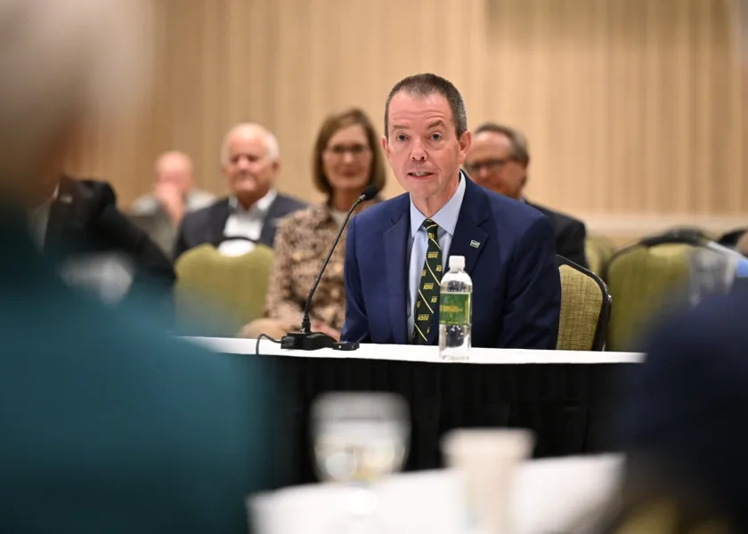 Marshall Stewart, NDSU's 16th president, addresses members of the North Dakota State Board of Higher Education.