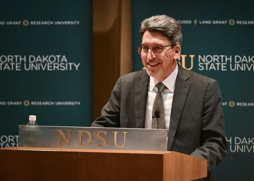 NDSU presidential candidate Alan Smith speaks to an audience at NDSU.