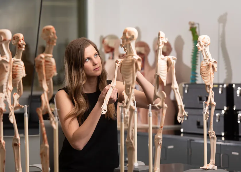 student inspecting skeleton