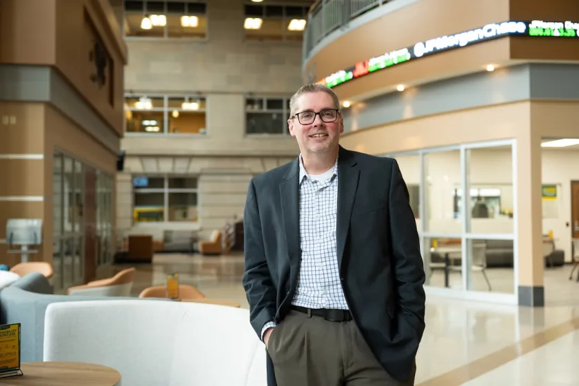 Mark Jensen, director of the NDSU Center for Banking and Finance, poses for a photo in Barry Hall.