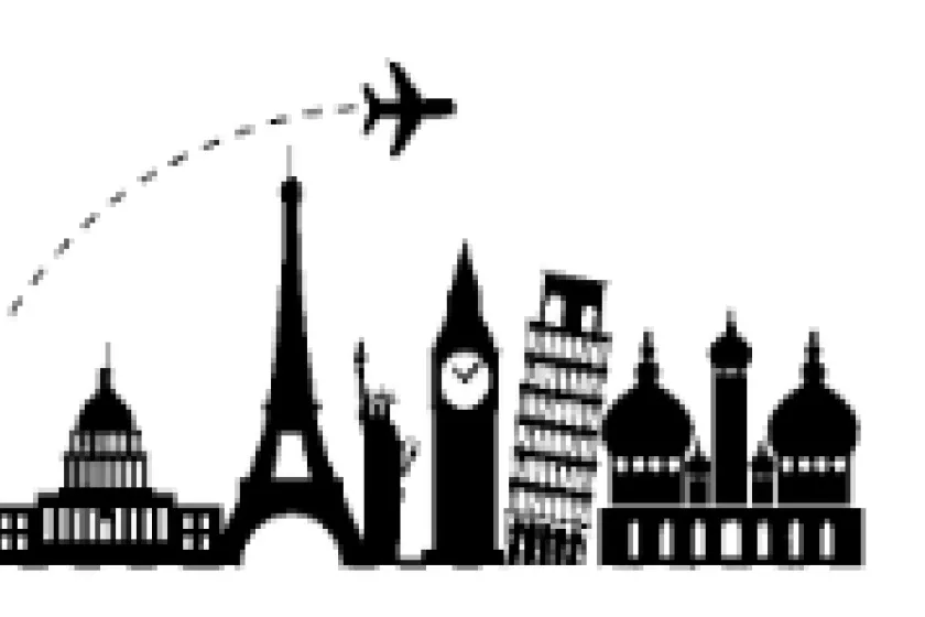 black & while image of landmarks around the world