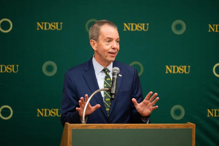 President Marshall Stewart speaks during his public presentation as the 16th President of NDSU