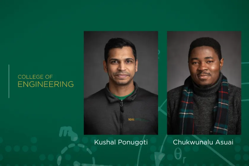  Green background with a headshot of Kushal Ponugoti, center; and a headshot of Chukwunalu Asuai; right. 