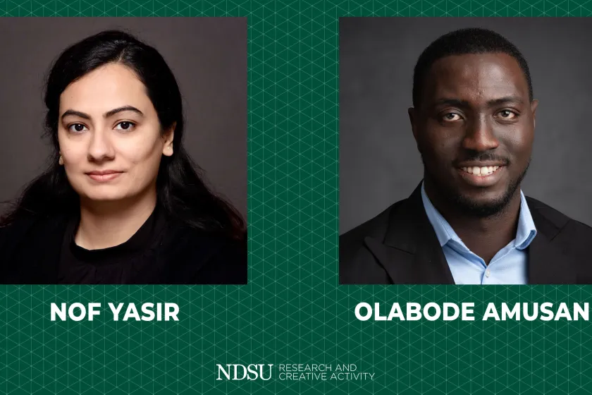 Green background with headshot of Nof Yasir, left; and headshot of Olabode Amusan, right.