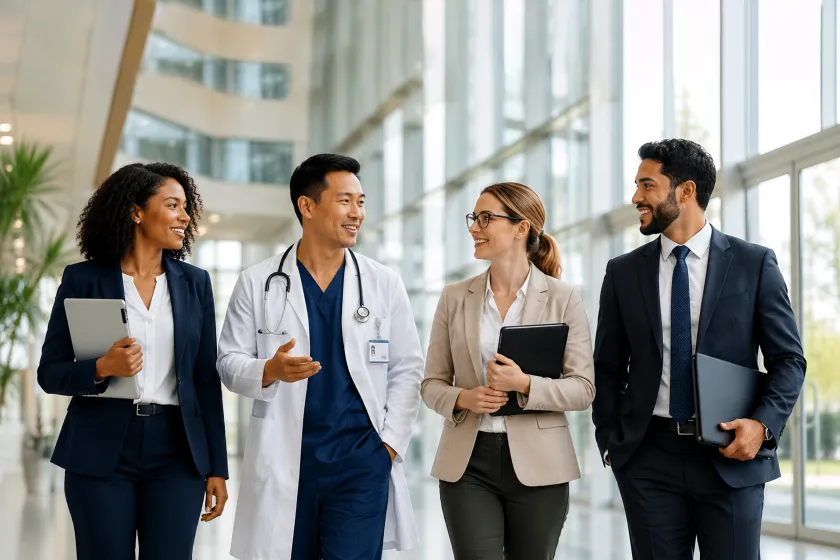 medical professionals discuss as they walk