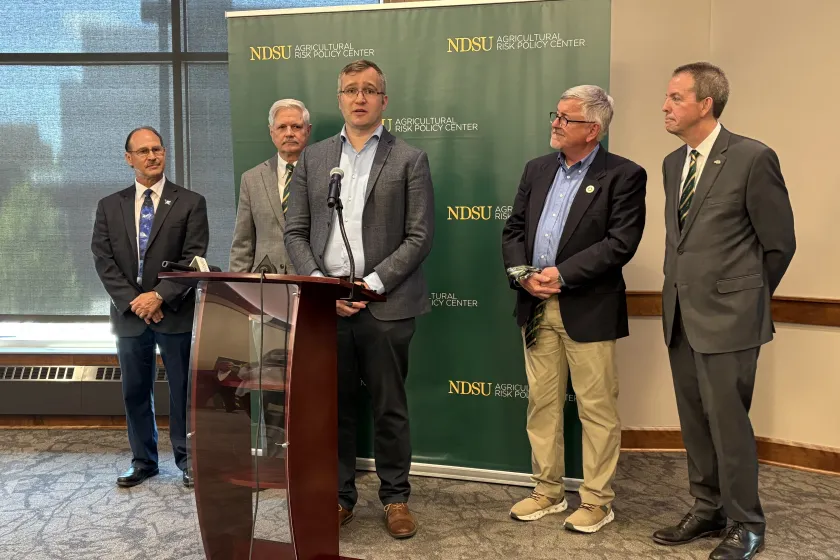 Sandro Steinbach, Agricultural Risk Policy Center director, talks to media about new partnership with the National Rural Export Center.