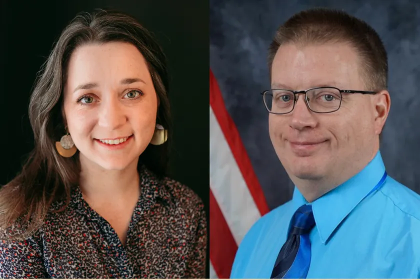 A headshot of a woman next to a headshot of a man
