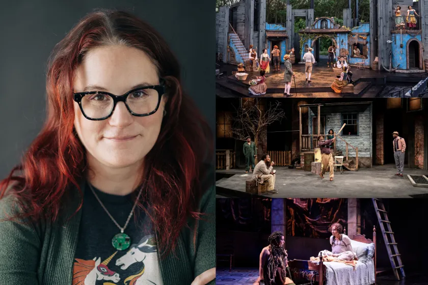 Headshot of Tiffany Fier next to three images of American Player Theatre productions where she designed the set.