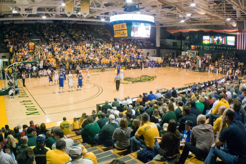 An NDSU Men's Basketball home game with a full crowd in the stands. 